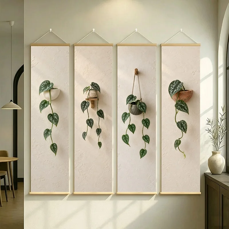 Heart Leaf Wall Art 4-Panel Green Vine Terracotta Pot Scroll Set on Cream Silver Shimmer Canvas for Cozy Living Room Decor