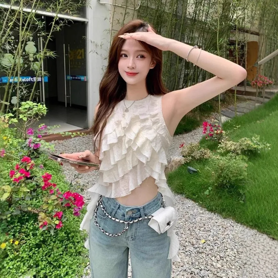 

2026 Summer Women's High Quality Ruffle Trim Sleeveless Top Asymmetrical Hem Tiered Patchwork Elegant Casual Blouse