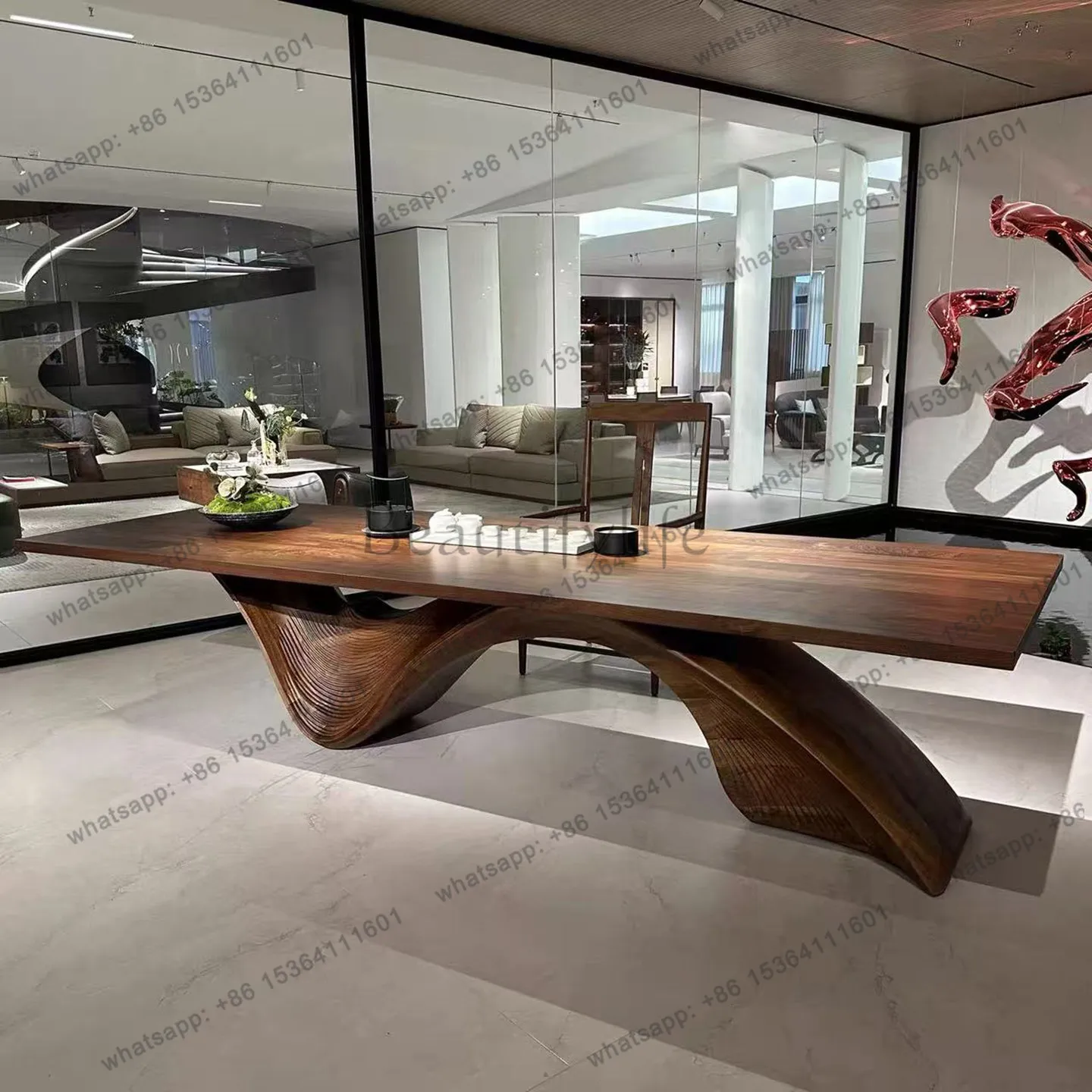 YJ New Chinese North American Black Walnut Tea Table Art Wave Base Desk Solid Wood Minimalist