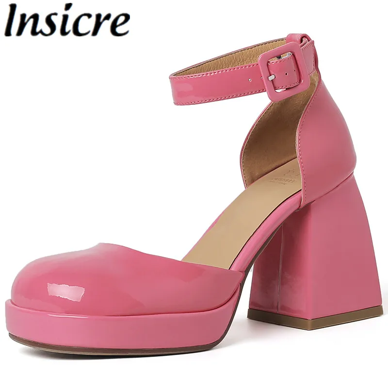 

Insicre 2023 Top Quality Classic Women Pumps Patent Leather Round Toe Platform Buckle Thick High Heel Summer Shoes