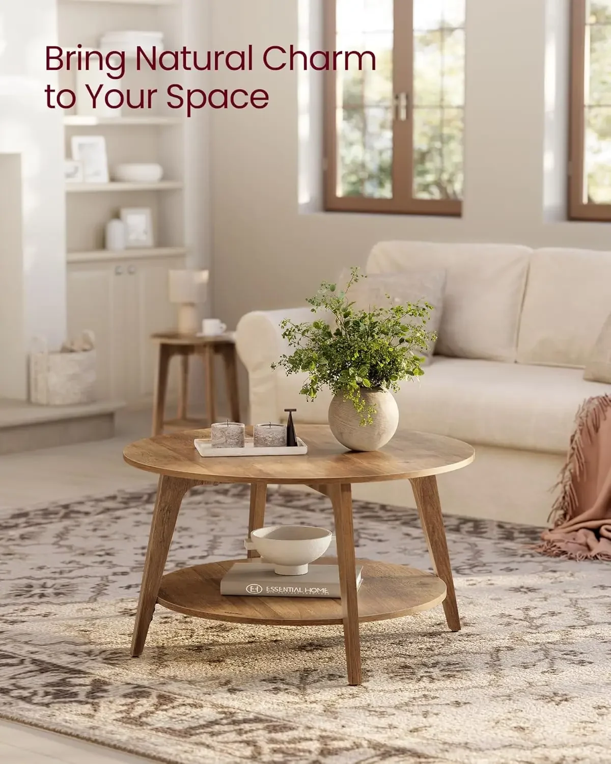 Round Coffee Table, 2 Tier Coffee Table with Storage, for Living Room, 31.5 x 17.7 Inches, Easy to Assemble, Honey Brown