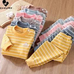 New 2023 Kids Boys Girls Pajama Sets Striped Long Sleeve O-Neck T-Shirt with Pants Toddler Autumn Warm Sleepwear Clothing Sets