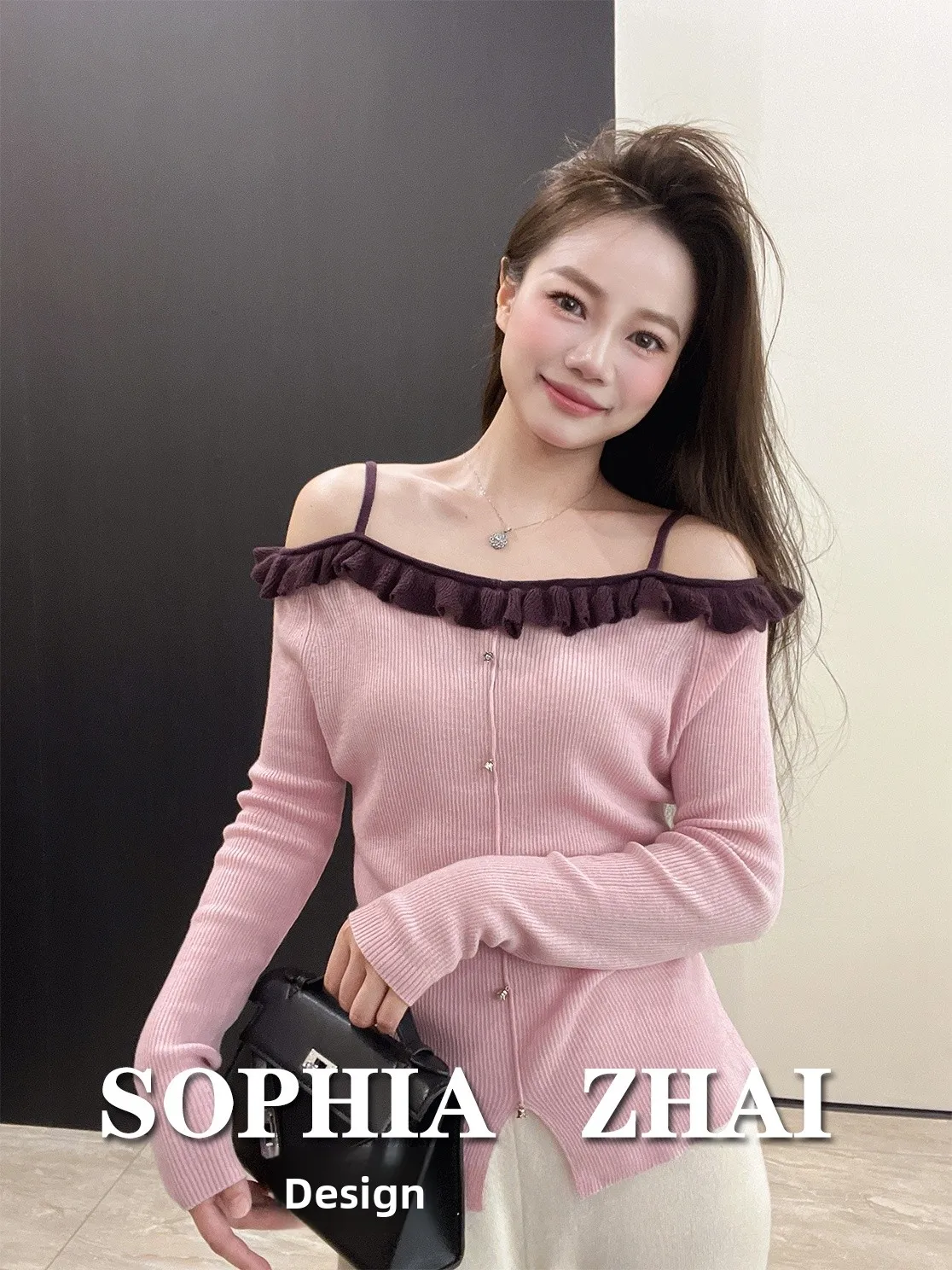 

Ultra-Fine Wool Fairy Gentle Color Blo Strap Knitted Sweater Underwear Base Sexy Pure Desire oulder Bared French Sle Sl...