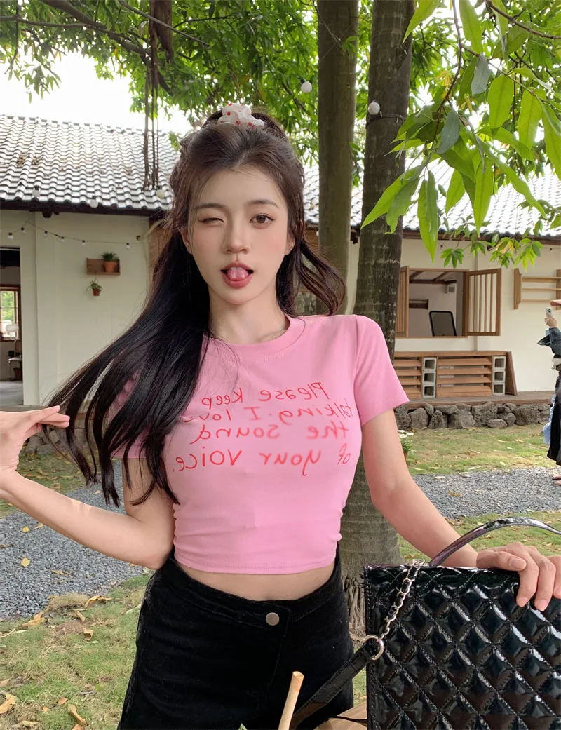 Pink Short Sleeve T-Shirt Women's 2023 Summer New Sweet And Spicy Style Printed Short Version Slim Fit Shoulder Level Top