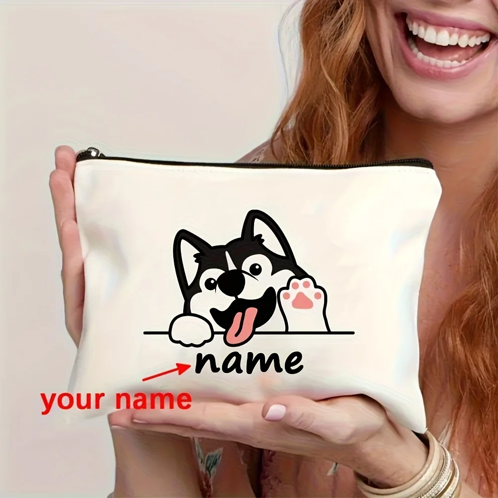 Custom Name Husky Dog Print Makeup Bag Personalized Zipper Cosmetic Pouch Travel Toiletry Storage Gift for Dog Lovers Makeup