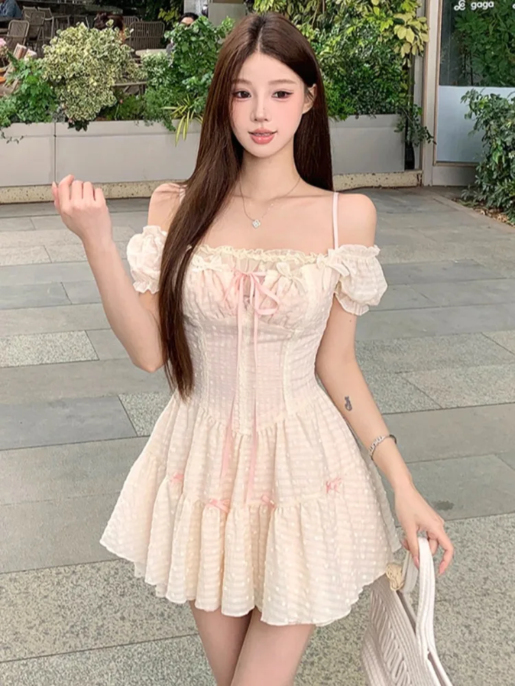 

Sweet Lace Short Skirt Dress Women's Slimming Design Summer Knot Midi Dress Korean Style Commute Casual Short Sleeve