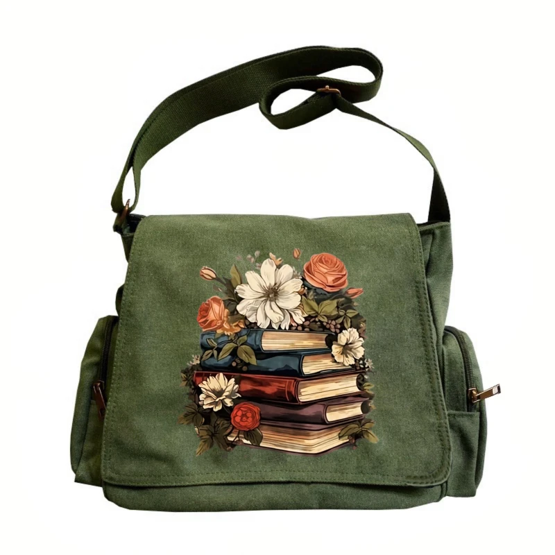 

Винтажная женская сумка через плечо с цветочным принтом книги, сумка через плечо для женщин, парусиновая сумка-мессенджер большой емкости с клапаном