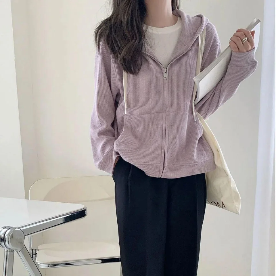 2026 New Preppy Style Hoodie For Women Spring Autumn Casual Fashion Chic Lazy Pockets Solid Waffle Pattern Hooded Zip Up Jacket
