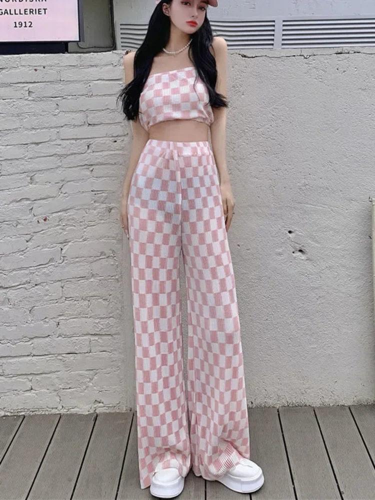 Y2k New Summer Fashion Casual Plaid 2 Piece Set Women Strapless Crop Top + Wide Leg Pants Suits Female Sexy Outfits for Woman