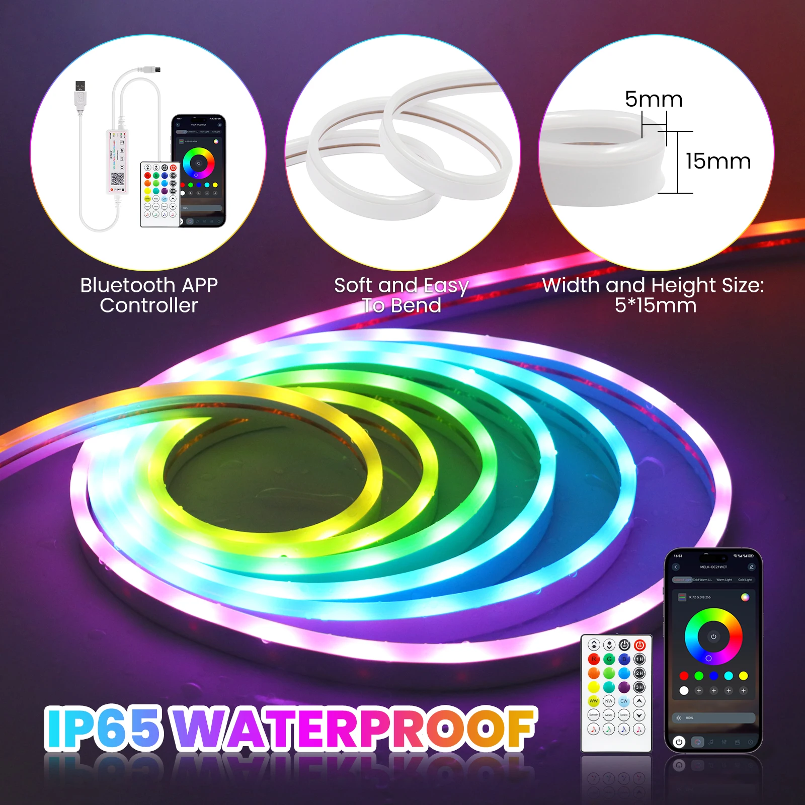 DC 5V RGBCCT Neon Strip IP67 Waterproof WS2812B 108LEDS 5050 2835 Bluetooth APP Control Flexible Ribbion Rope LED Light