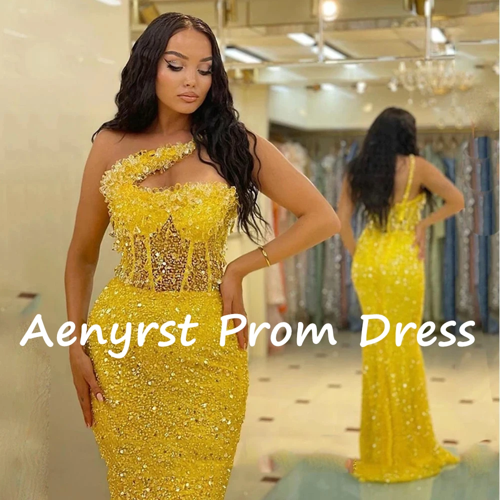 Aenyrst-vestido de noche con lentejuelas doradas brillantes para mujer, traje de graduación de un hombro, sirena, Espalda descubierta, largo hasta el suelo, fiesta de cena