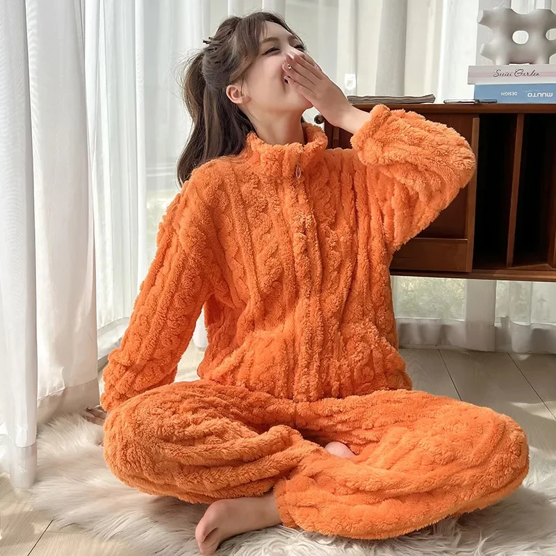 Autumn Winter Pajamas Set Women Coral Velvet Coat 2023 New Outfit Solid Color Flannel Padded Home Service Suit Female Jacket Top