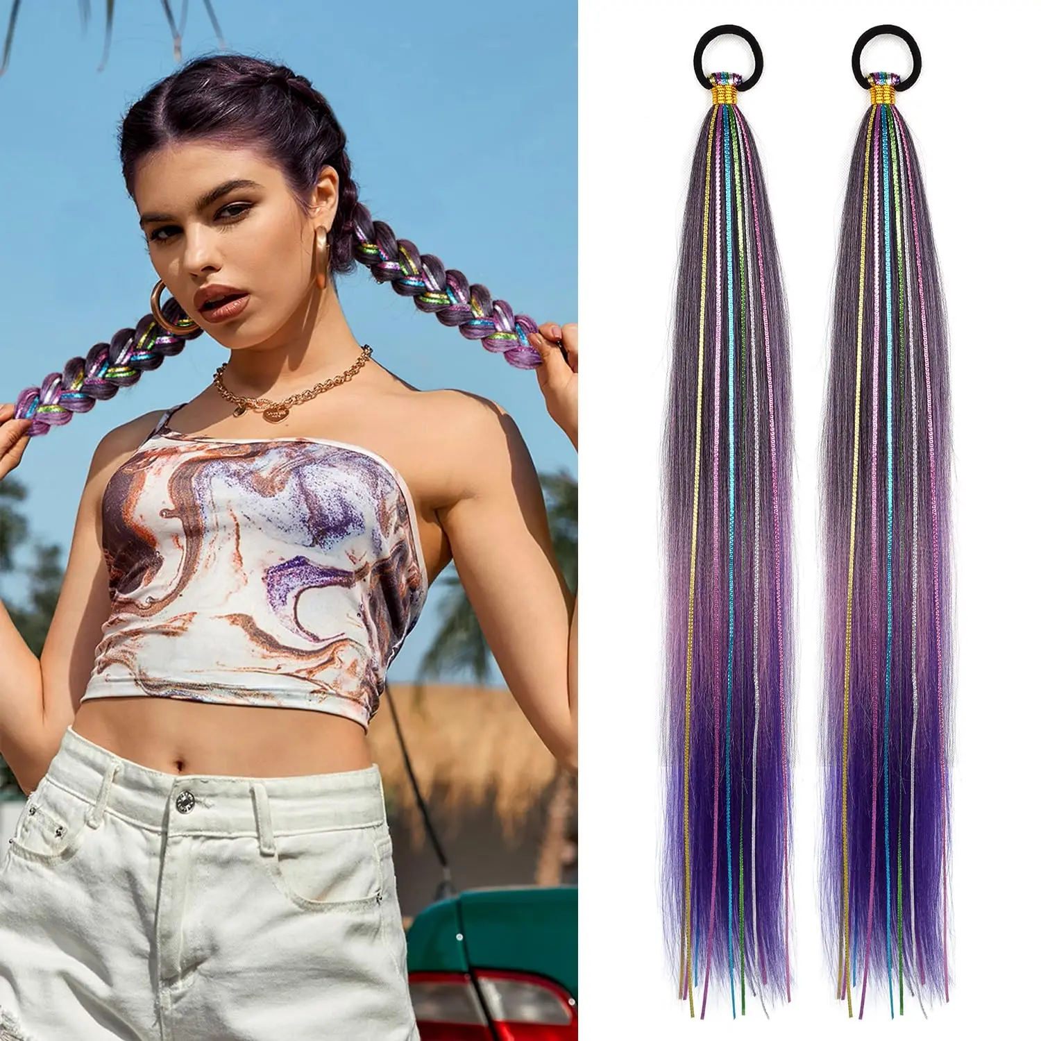 

Synthetic Ponytail Extension with Elastic Tie Hair Band 26" Long Straight Colored Braiding Ponytail Ombre Pink Purple Blue