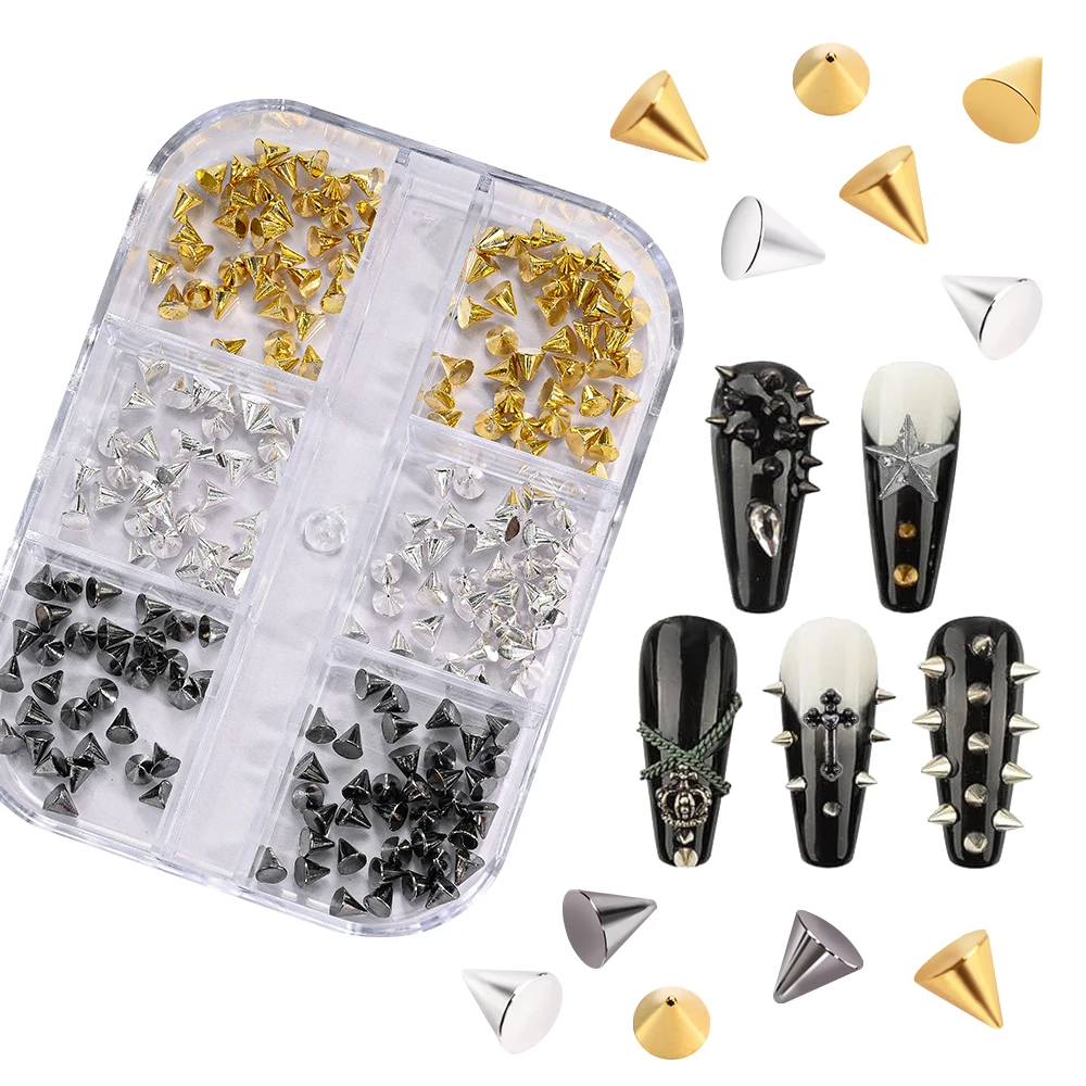 6 rejillas 3D Punk remache Nail Art Charms aleación de fondo plano cono puntiagudo tachuelas de uñas mixtas negro plata oro manualidades DIY remache de punta