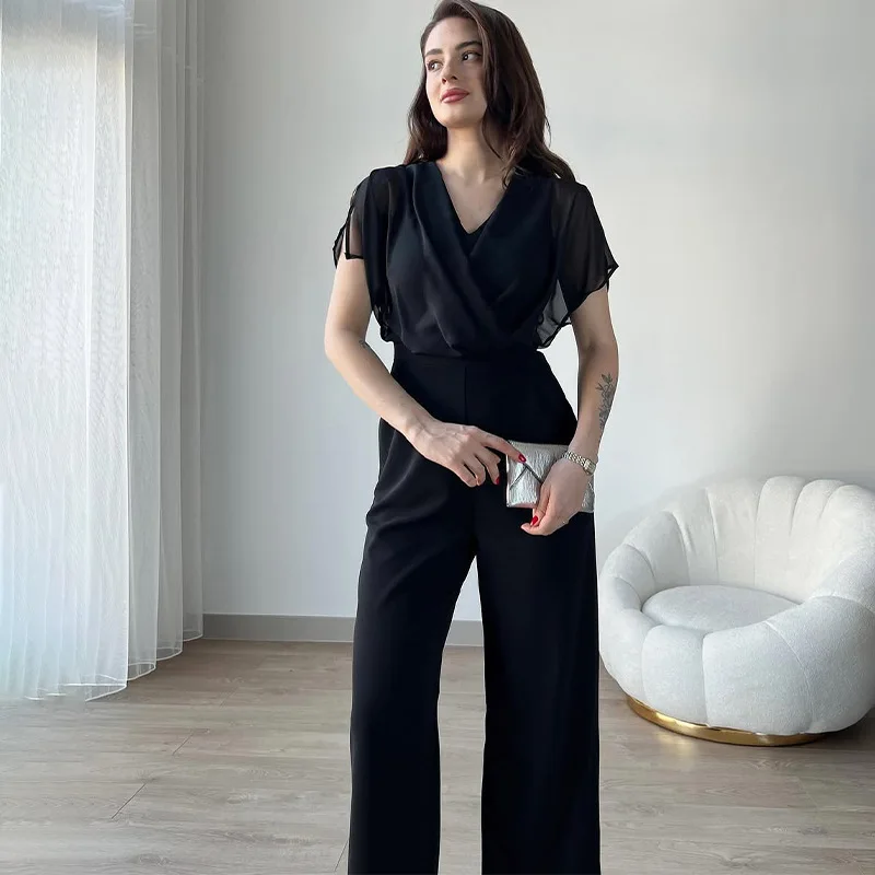 Jumpsuits Vrouwen Een Stuk Wijde Pijpen Broek V-hals Korte Mouwen Hoge Taille Stretch Broek Kantoor Dame 2025, Zomer Rompertjes