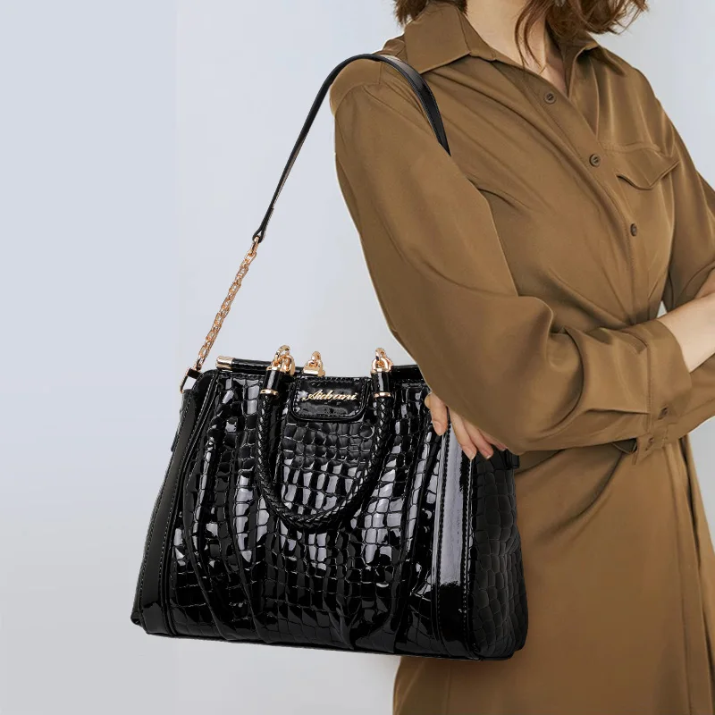 

Black Crocodile - Embossed Patent Leather Top - handle Bag