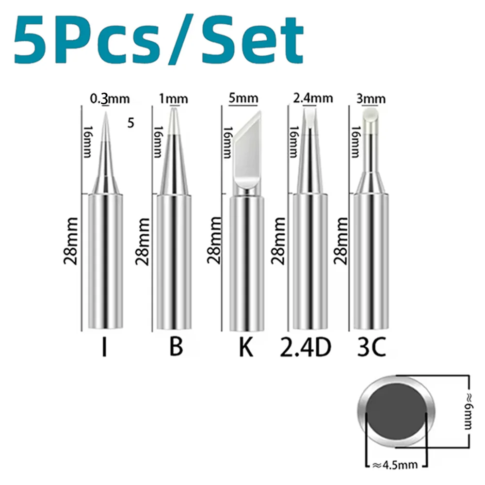 5Pcs Soldering Iron Tips I+B+K+2.4D+3C Soldering Iron Head Set Inside Hot Bare Copper Electric 900m-T-I 900M-T-B Welding Tool