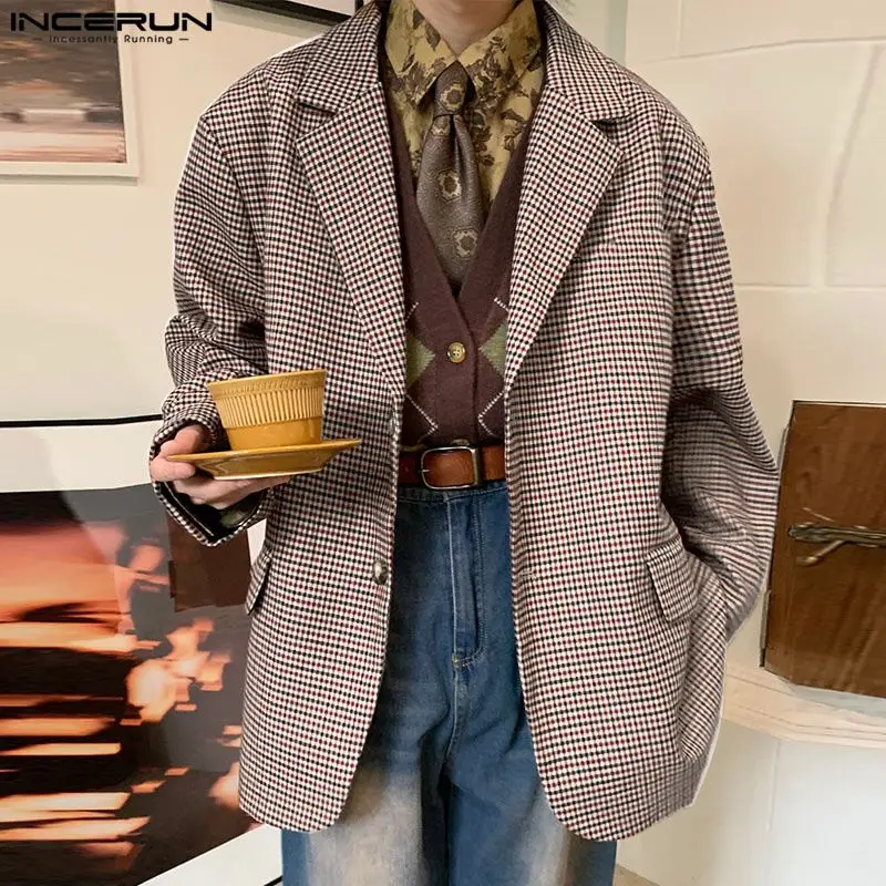 INCERUN Men Clothing Fashion Plaid Long Sleeve Men Thin Blazer Autumn Suits Male Streetwear Oversized Lapel Outerwear S-5XL