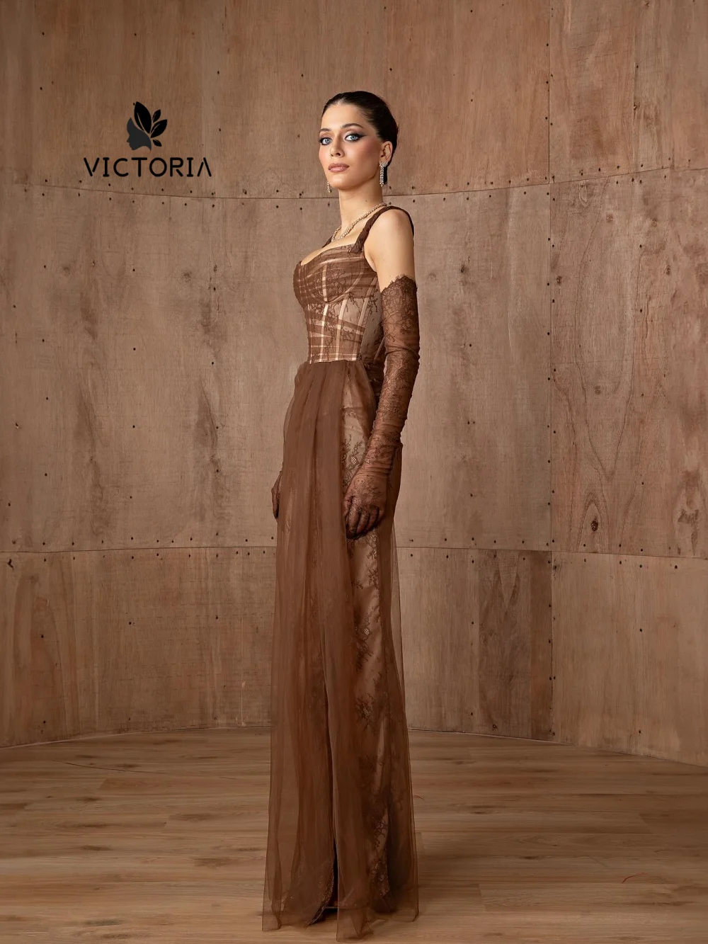 Suknie wieczorowe na ramiączkach spaghetti z brązowej koronki w stylu Dubai z rękawiczkami, syrenie suknie balowe na Nowy Rok, Arabia Saudyjska, model 2026