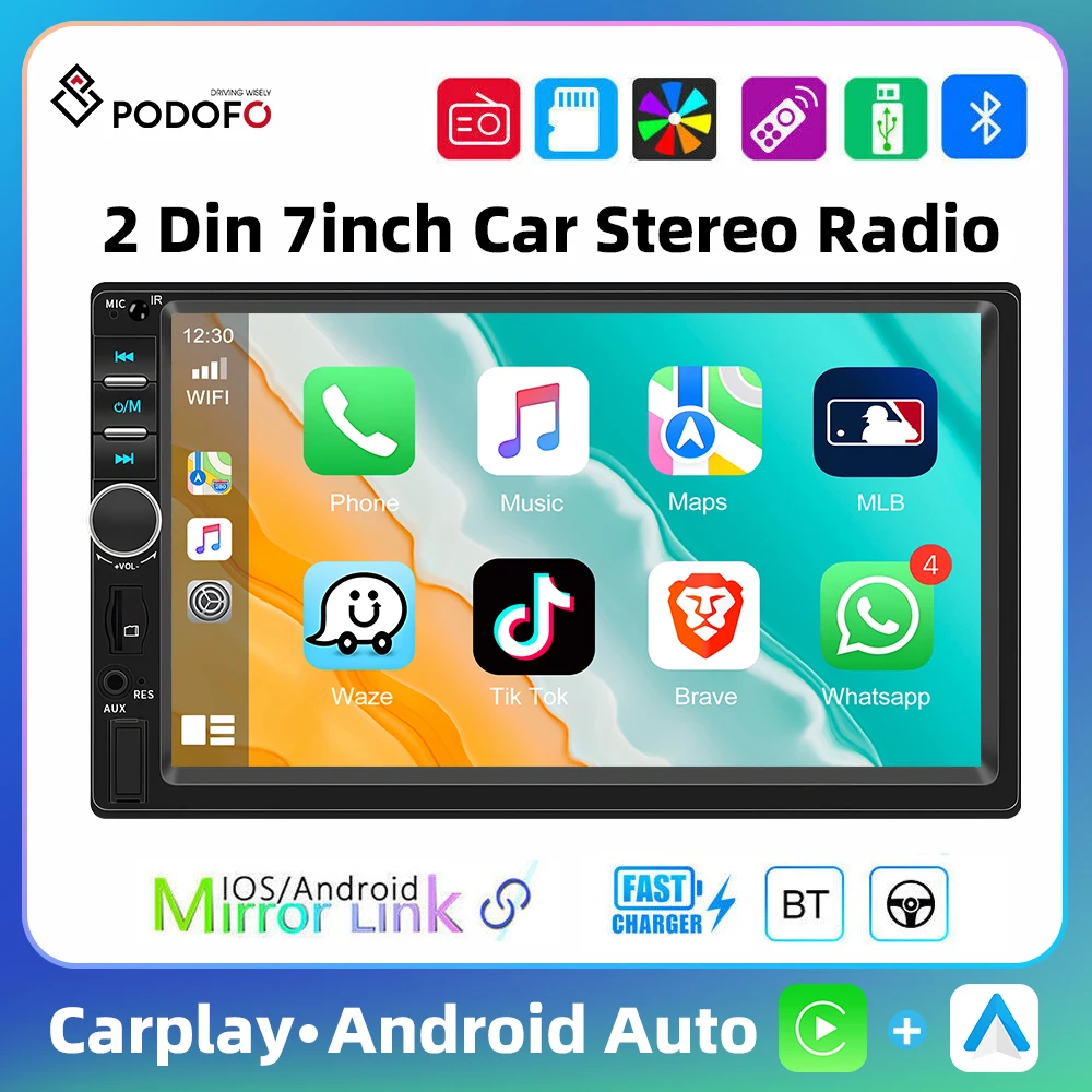 Podofo Carplay Android Auto MP5 Player 2Din Car Radio 7'' Multimedia Player Bluetooth Mirror Link RCA AUX USB Audio Car Stereo