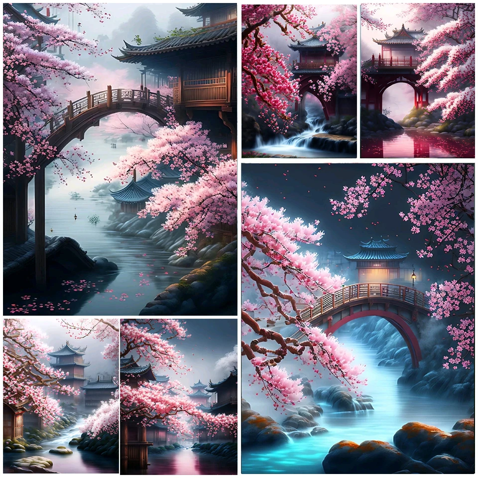 Japanese Cherry Blossoms 5D DIY Diamond Painting Waterfall Temple Landscape Full Diamond Mosaic Embroidery Cross Stitch V241