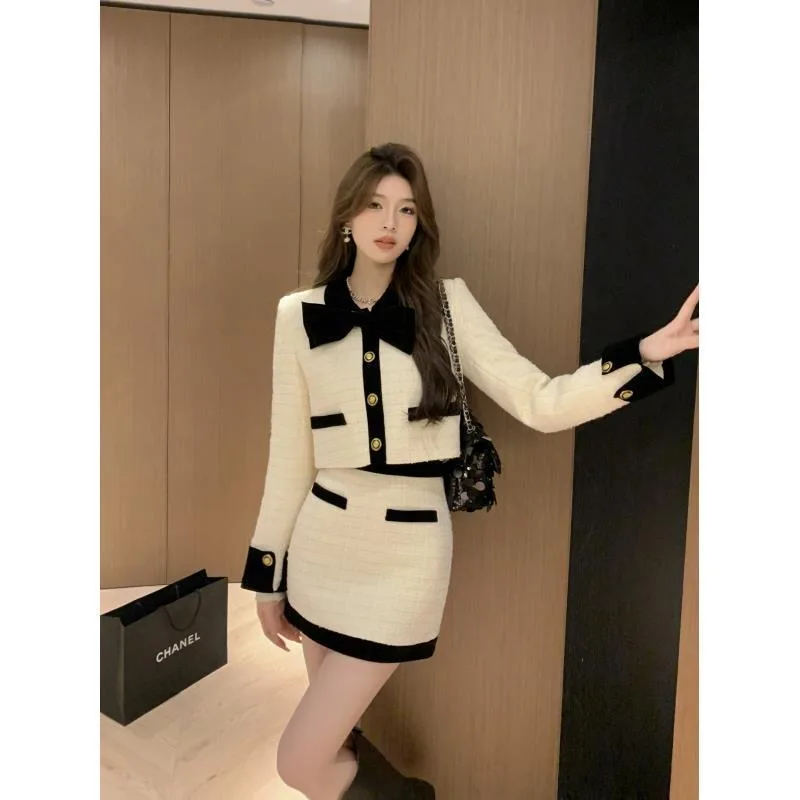 Classic-inspired Bow Set for Petite Women Female Office Lady, Autumn Winter Complete Outfit Elegant Skirt Two-piece Hot Sale