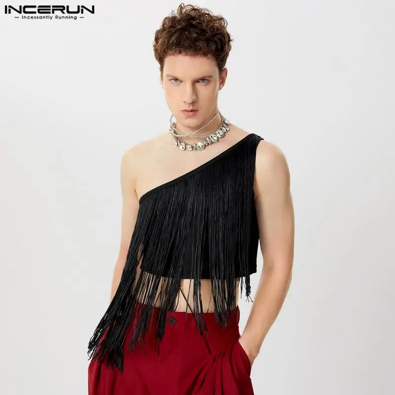 INCERUN Men Irregular Tank Tops Tassel Patchwork Skinny Sleeveless Male Vests Summer 2024 Streetwear Fashion Party Crop Tops Men