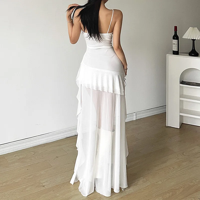 Gtpdpllt Y2k Sexy Mesh Ruffle Irregular High Low Dress White Black Sleeveless Long Dresses Summer Y2K Clothes Women 2024