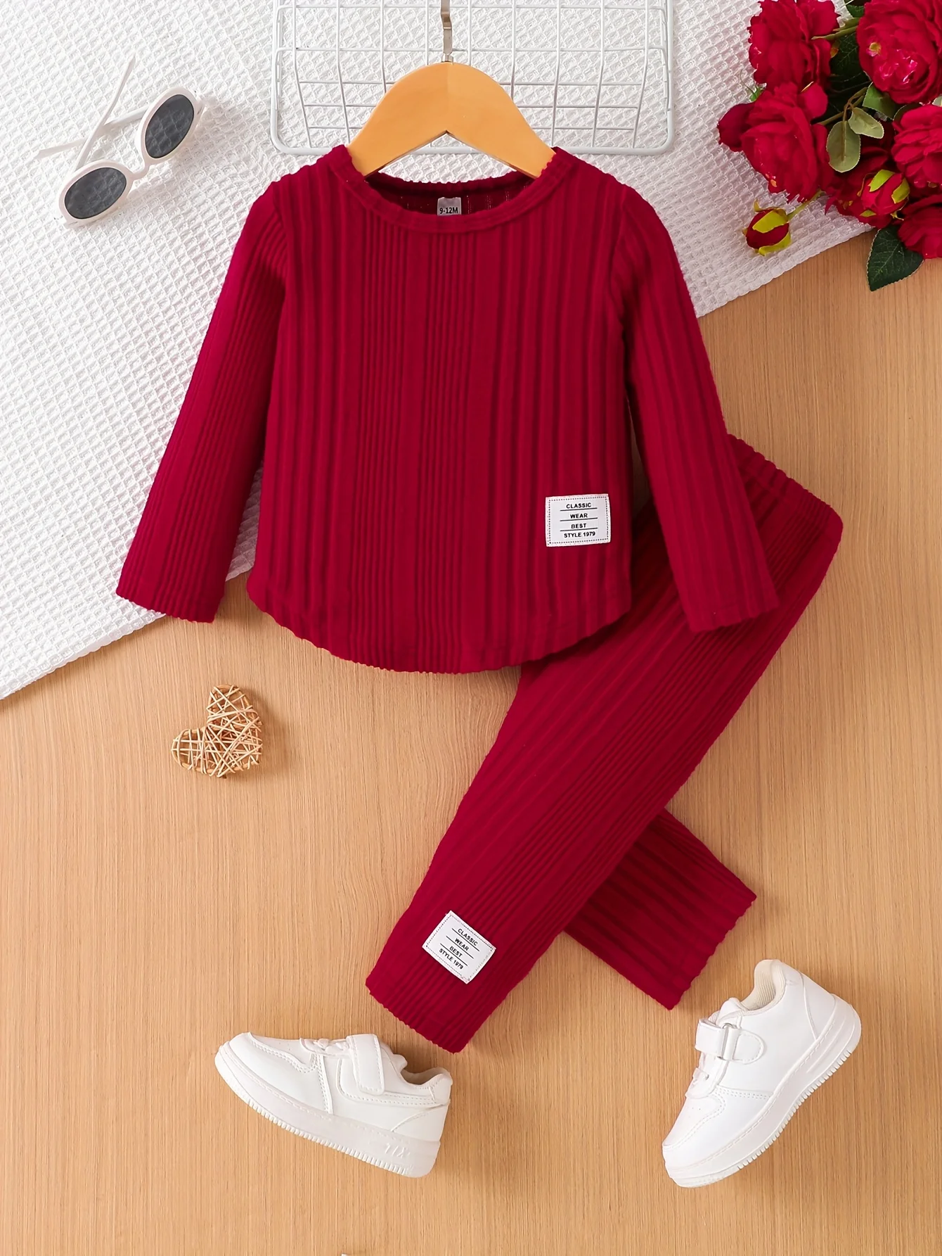 Spring Autumn Infant Toddler Girls round Neck Solid Color Ribbed Texture Long Sleeve Top And Long Pants Casual Two-Piece Set