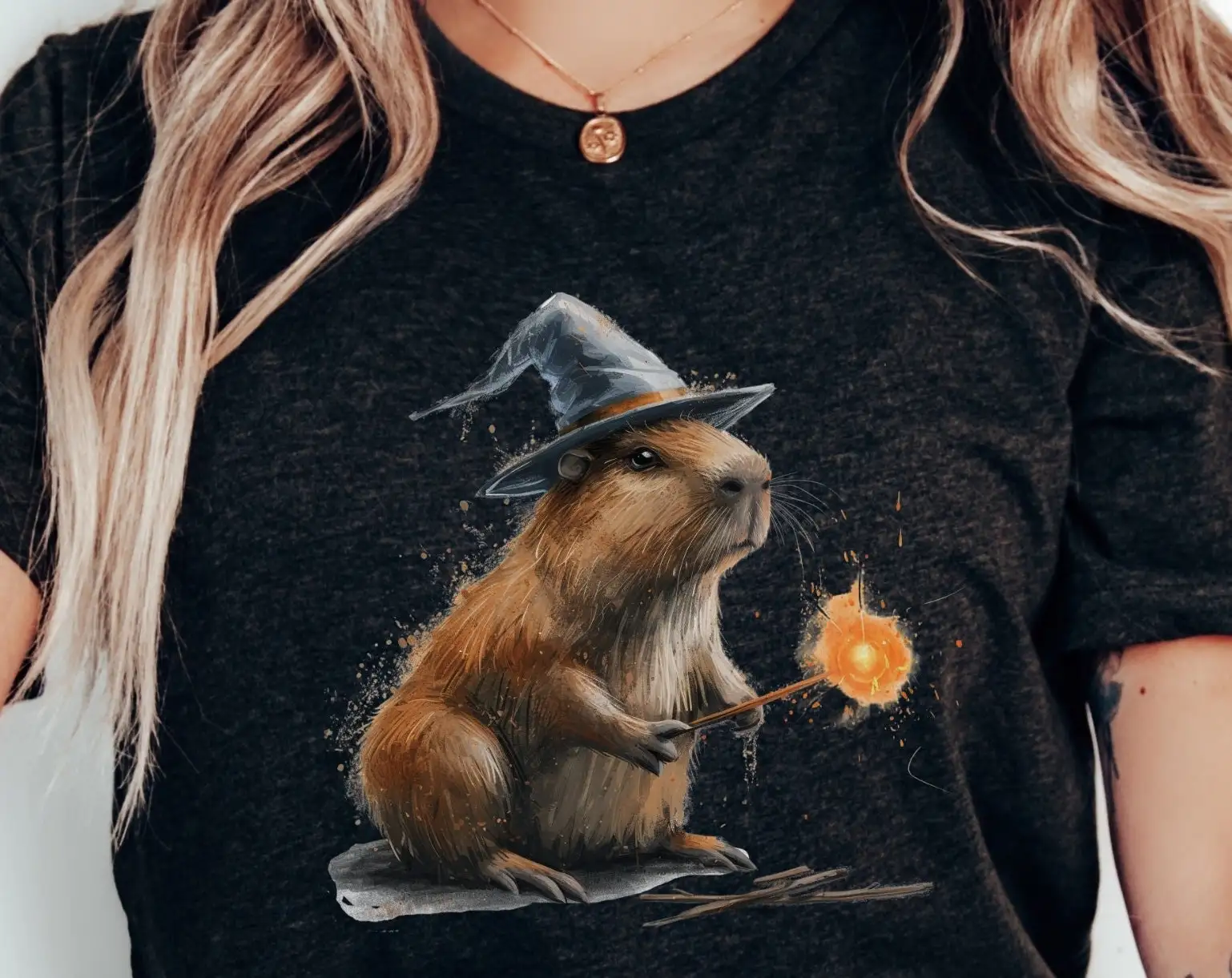 

Забавная футболка с изображением капибары и волшебника, милая волшебная палочка с заклинанием, винтажная, мягкая, повседневная, растягивающаяся, удобная, унисекс