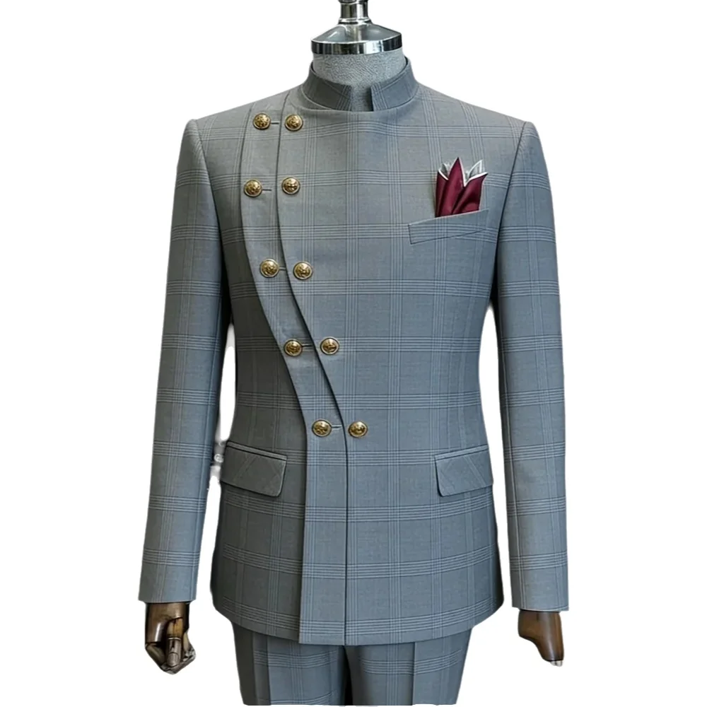 Heren Blazer met Mandarijnkraag en Ruitpatroon, Slim Fit, Asymmetrische Dubbelrijige Knopen, Formele Bruidsjas, Zakelijke Bovenkleding