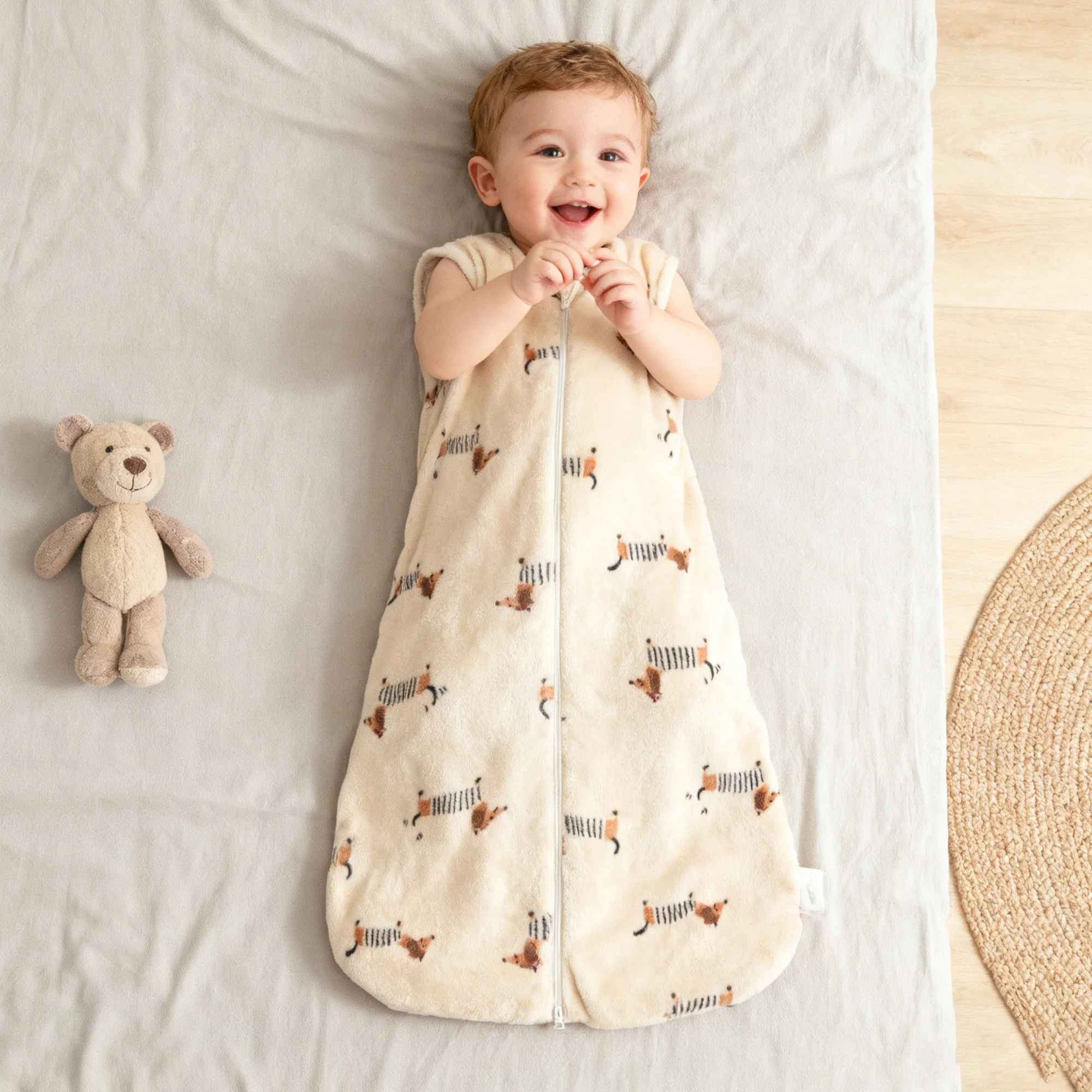 

Детский спальный мешок без рукавов 1,5tog на весну, лето, осень, мягкая удобная плюшевая ткань с принтом таксы, теплая одежда для сна для ребенка