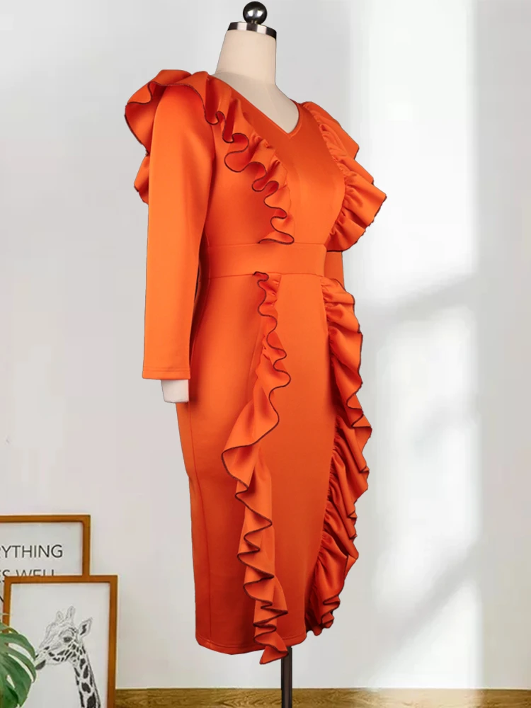 ONTINVA Plus Size Dresses Women Orange V Neck Long Sleeve Ruffles High Waist Bodycon Elegant Ladies Evening Event Party Gowns