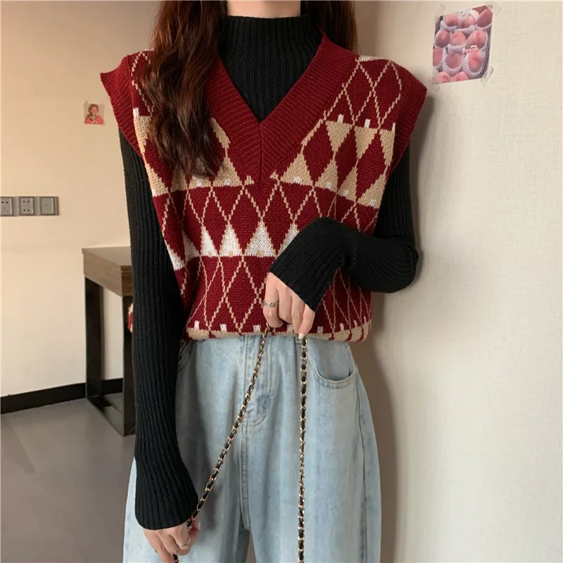 Womens Red Plaid Knitted Vest V-neck Waistcoat Sleeveless Jumper Sweater Tank Top Female Outerwear