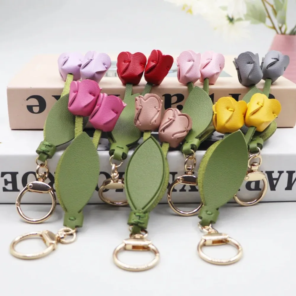 

Cute Sweet Tulip Bag Pendant Dopamine PU Leather Car Key Chains Bag Match Accessories Bag Charms Fresh Backpack Decoration Gift