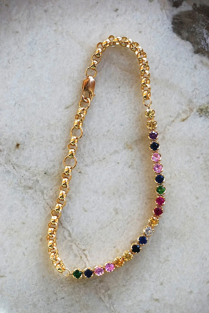 KUGG 100% 18K سوار ذهب أصفر رومانسية قوس قزح تصميم اللون الطبيعي الياقوت سوار من الأحجار الكريمة للنساء غرامة مجوهرات