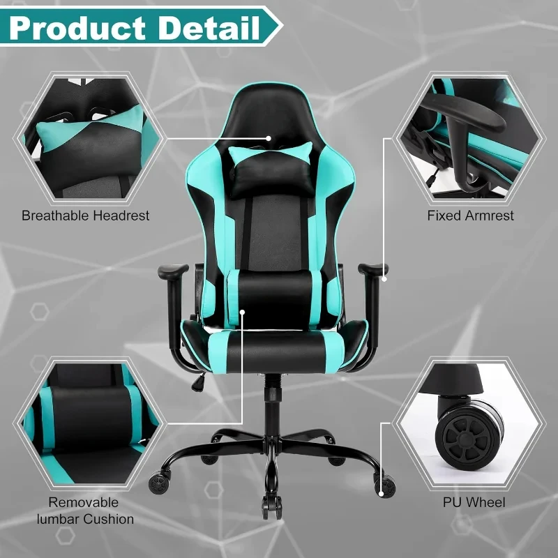 Video Gaming Chair with Headrest and Lumbar Cushion Adjustable Desk Chair for Office and Study  High Backrest (BK/Mint)