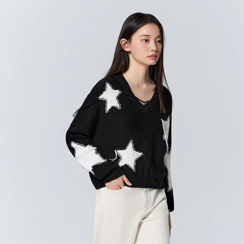 Semir Sweater Women Short Style Five-Pointed Star Sweater Winter Loose Style V-Neck Niche Trendy Sweater