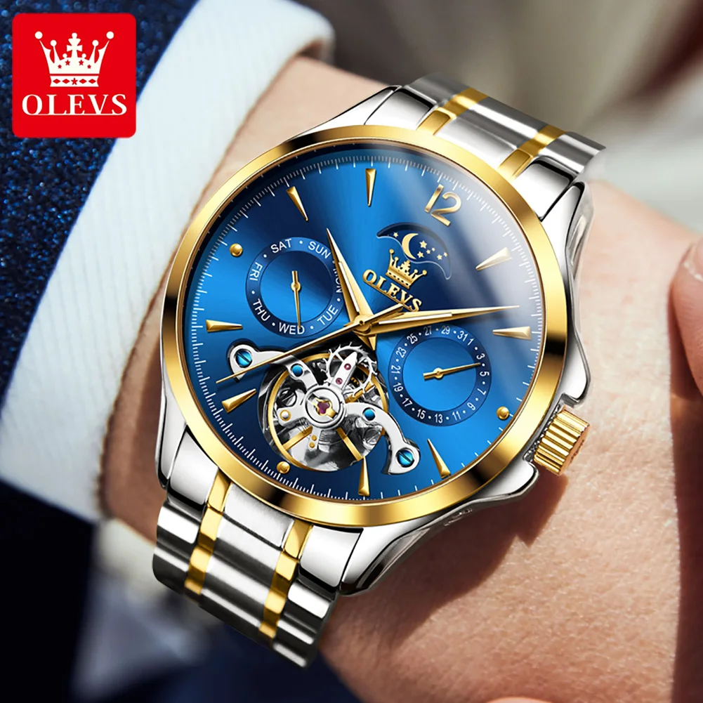 OLEVS Men Watches Mechanical Luxury Waterproof Moon Phase Date Skeleton Stainless steel Leather Strap Automatic Men\'s Watch