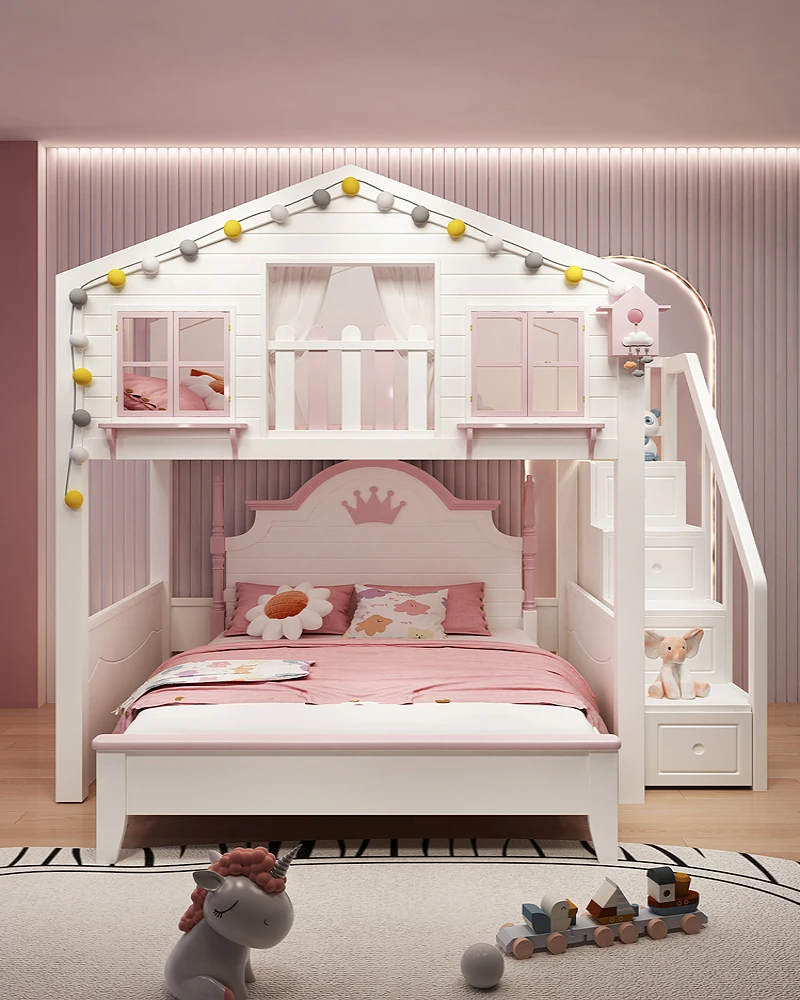 Children's bunk bed with upper and lower bunks, girl's treehouse desk, wardrobe, one piece princess high and low mother bed