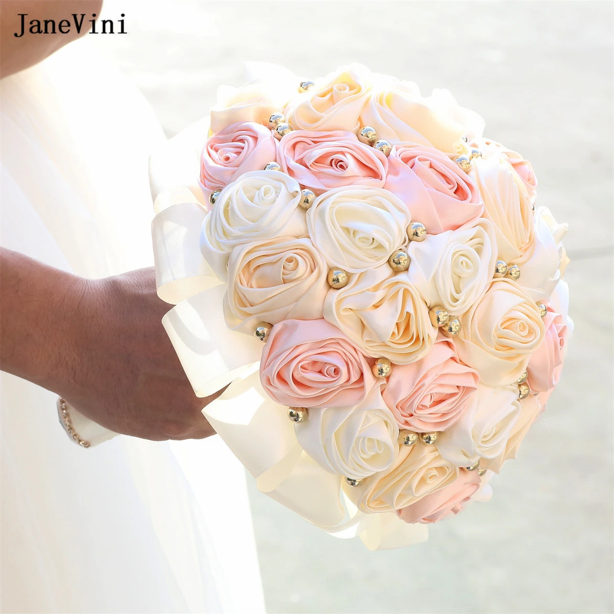 JaneVini-ramos de flores de marfil rosa claro para novia, perlas doradas, rosas artificiales de satén, ramo de boda de estilo coreano, elegante, 2024