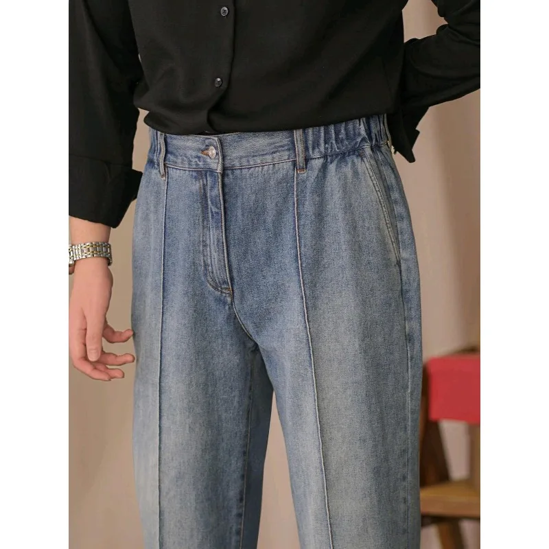 Men Vintage Washed Straight Leg Jeans Elastic Waist Front Seam Split Ankle Length Trousers British Business Casual Denim Pants