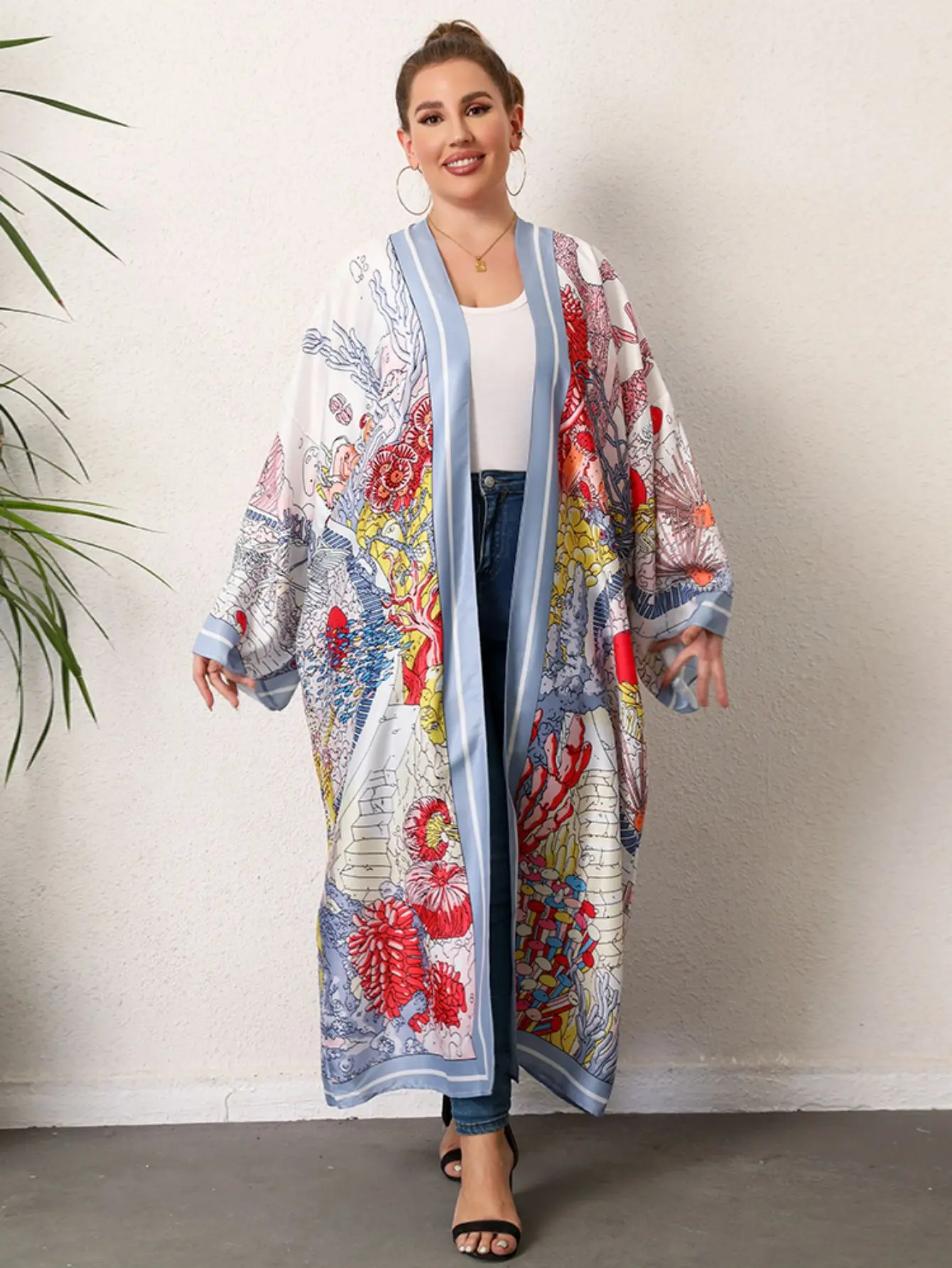 Plus rozmiar Boho Kimono damskie Plus tropikalny nadruk kontrastowe wiązanie z długim rękawem z przodu luźna Kimono plażowe