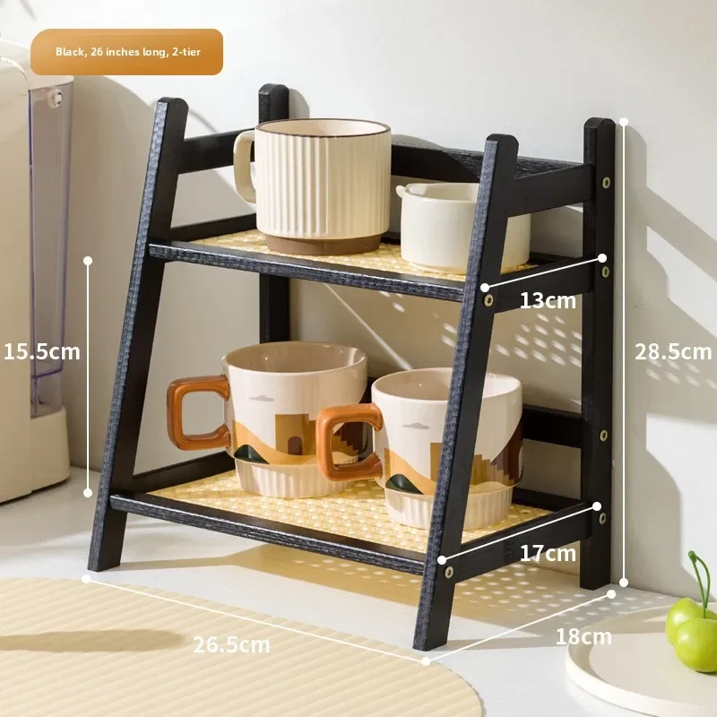 Multi-functional ins medieval rattan cream double-layer desktop rack dormitory bedroom office kitchen cup holder finishing rack