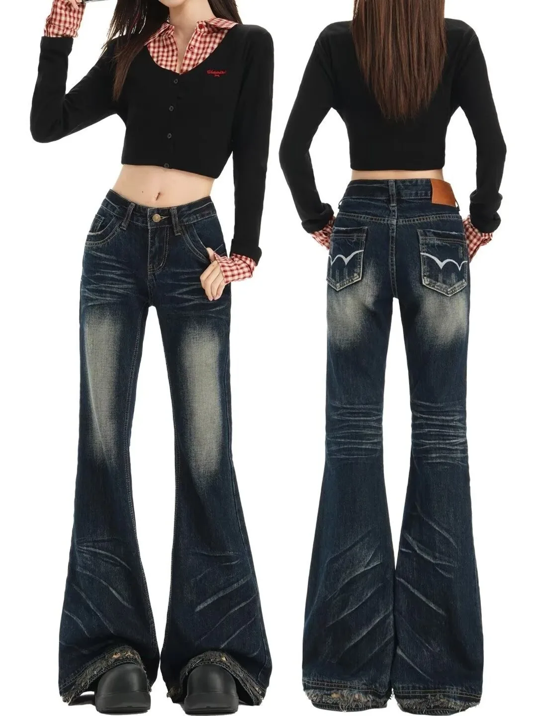 Retro American Blue Embroidered Low Waist Flared Jeans Women's Slim Fit Short Size Jeans with Fringe Fall New Style