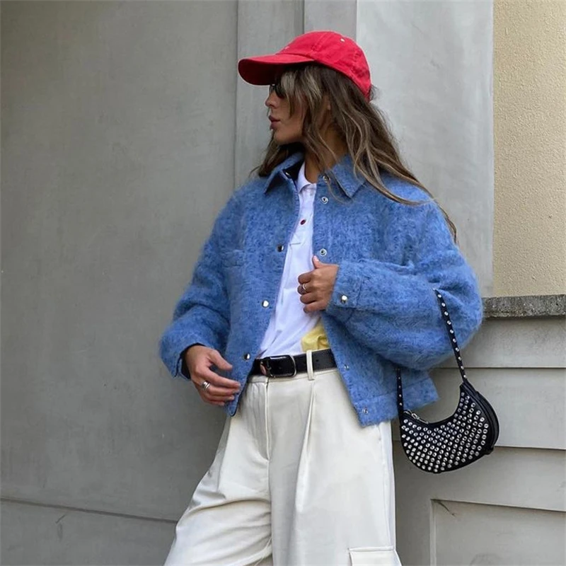 

2025 Winter Blue Lapel Long Sleeve Wool Coat Fashion Women's Jacket