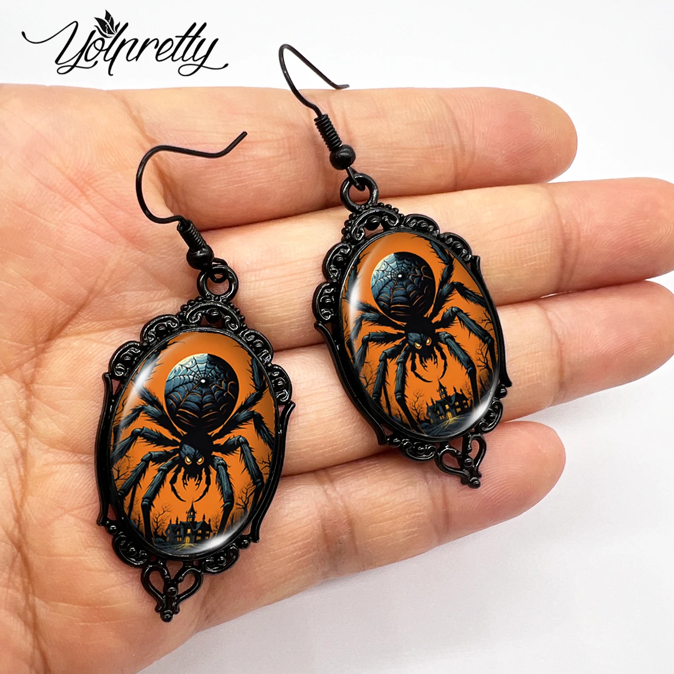 New huge black spider and a house Picture Oval Glass Cabochon Fish Hook Earrings Handmade Black Flower Shaped Dangle Earrings