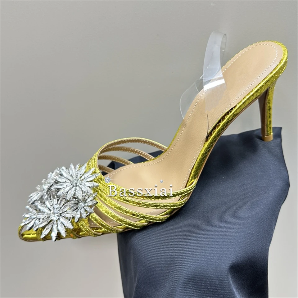 Strass fiore fibbia Decor sandali donna 8cm tacco alto sottile Sexy fascia stretta scarpe estive a punta 2024