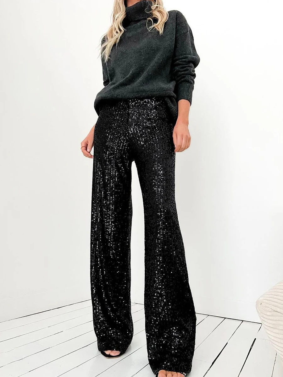 

Women Sequins Wide Leg Pants Autumn Shiny Loose Casual Female Hip Hop Elastic High Waist Trousers for Work Office Streetwear