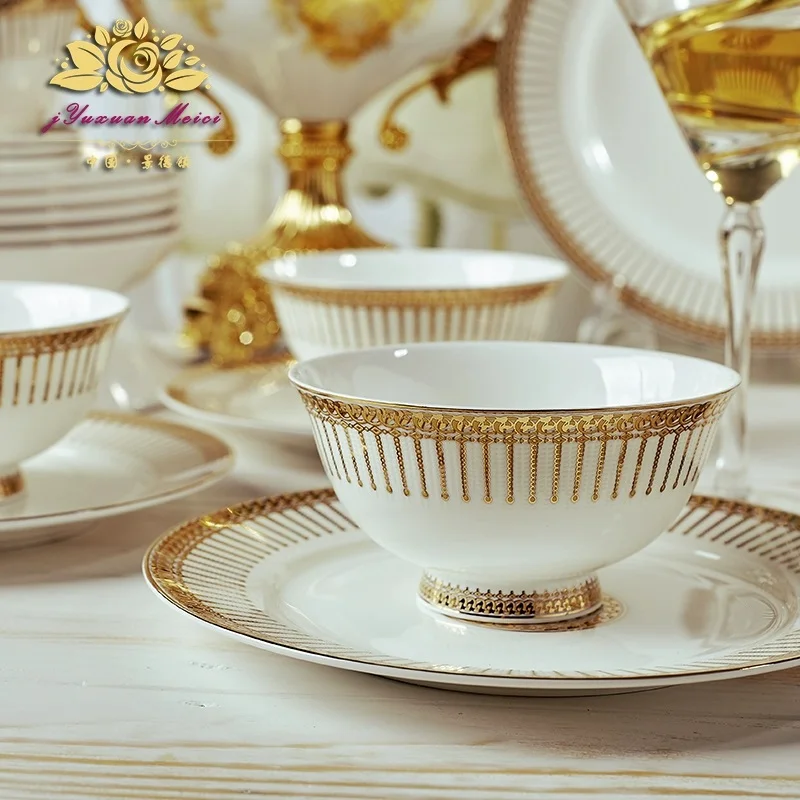 Bone China Dinnerware Set Dish Bowl Combination 60pcs Ceramic High-grade Dinnerware Set European Gold Bowl Plate